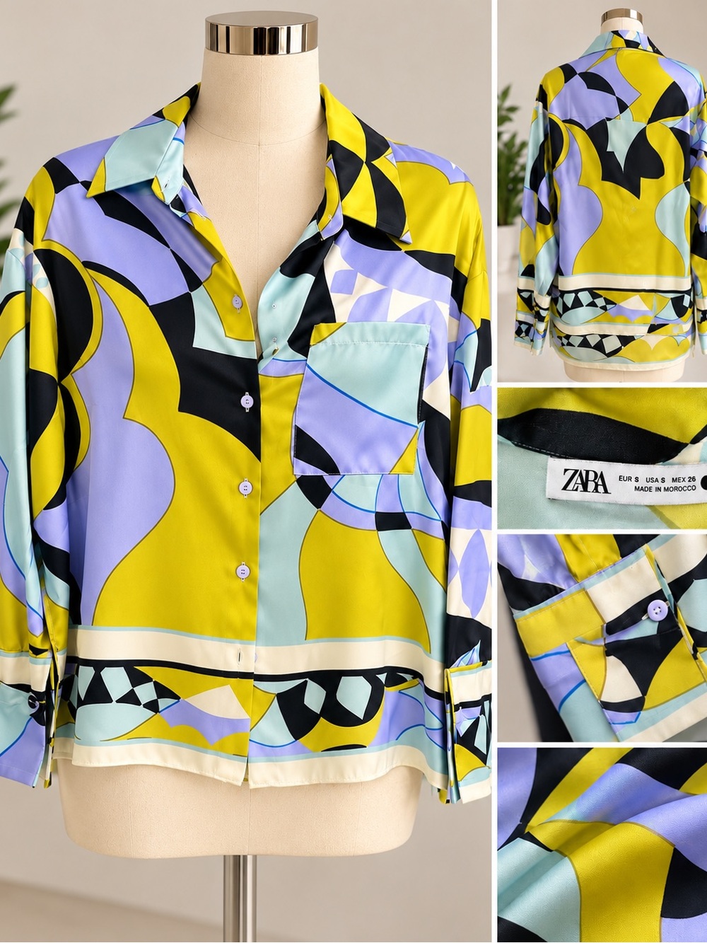 Zara Multicolor Abstract Satin Button-Down Top — Yellow, Lavender, Mint, Black